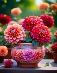 Bunte handget&ouml;pferte Blument&ouml;pfe mit Dahlien &ndash; Nahaufnahme