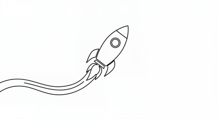 Fototapeta premium Line drawing of a rocket. It is depicted in mid-flight with flame-like trails behind it, suggesting motion. The background is plain, putting the focus solely on the rocket.