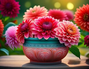 Bunte handget&ouml;pferte Blument&ouml;pfe mit Dahlien &ndash; Nahaufnahme