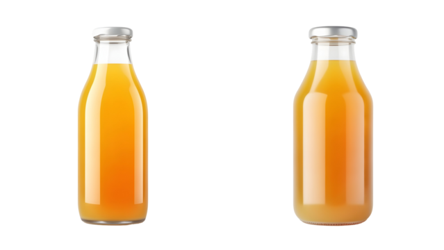 Two glass beverage bottles with orange liquid against black background