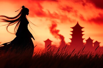 In the foreground, a Japanese female is captured in a graceful stance, her clothes blowing in the wind, set against the striking image of a sunset and the pagoda that dominates the background
