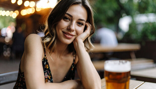 Frau im Biergarten