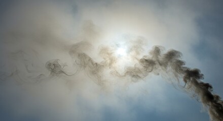Obraz premium Dark Smoke Plume Against Bright Sun and Cloudy Sky