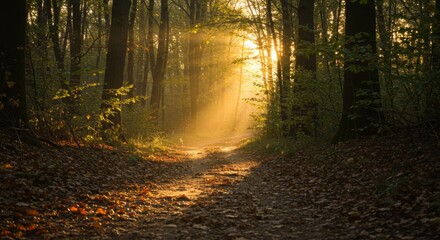 Fototapeta premium Sunlit Forest Path at Golden Hour