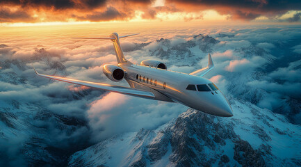 Naklejka premium A sleek white private jet flying above glowing clouds during a breathtaking sunrise, showcasing luxury and aviation excellence