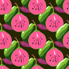 Bright vector seamless pattern with guava plants on dark green background