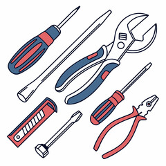 Professional hand drawn tools set isolated on white