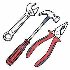 Essential hand tools wrench hammer pliers screwdriver