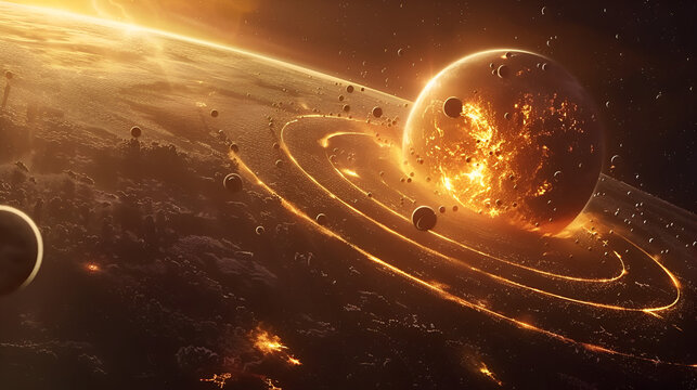 A fiery planet with rings and smaller moons orbiting in a dramatic space scene with warm light - Powered by Adobe