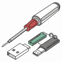 Professional isometric illustration of repair tools and usb devices