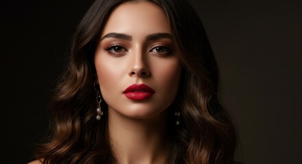 Fototapeta premium Portrait of a beautiful woman with red lipstick and elegant jewelry for beauty and fashion advertising