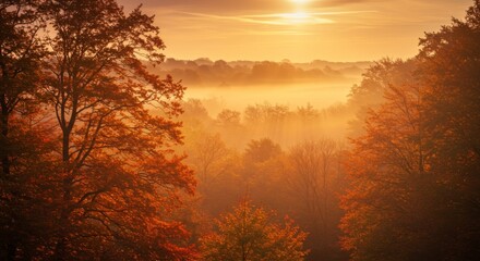 Fototapeta premium Autumn Sunrise Over Foggy Forest