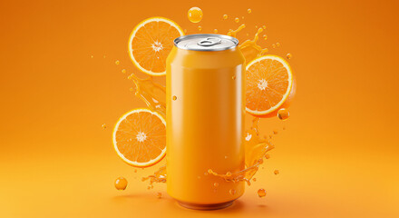 Orange Soda Can with Floating Citrus Elements – Vibrant Marketing Style
