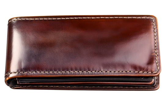 Brown textured wallet with visible stitching, cut out transparent