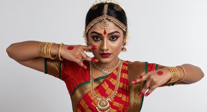 Indian classical dance bharatanatyam dancer performing mudra pose with traditional jewelry and costume