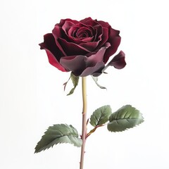 A single, deep burgundy artificial rose with lush petals and leaves, displayed against a white backdrop