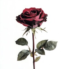 A single, deep red rose with dark green leaves, isolated on a white background