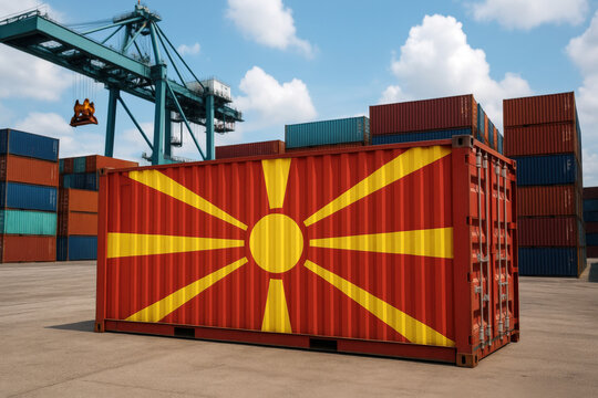 Container painted with North Macedonia's flag at dockyard. Great for topics on Balkan trade, national exports, and logistics branding.

