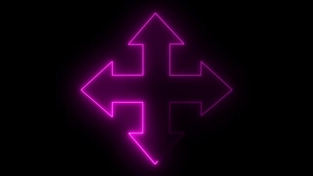 set of neon glowing colorful arrows design .Arrow in four direction on the black background. 4k video animated.