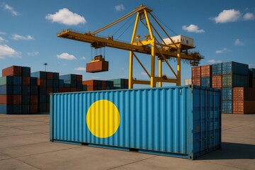 Shipping container painted with Palau national flag being hoisted by a yellow crane in an industrial port environment.
