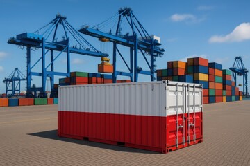 A red and white cargo container resembling the Polish flag stands in a large industrial shipping port surrounded by cranes and stacked containers.

