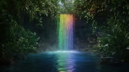 Rainbow waterfall cascades into lush, jungle pool.