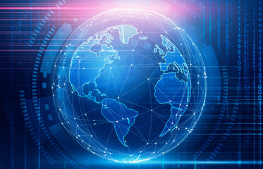 Global Network Connection. Creative Illustration Of Digital World Globe Over Abstract Binary Code Background