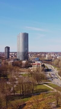 Aerial modern urban landscape of Riga, Latvia, featuring distinctive Zunda Towers