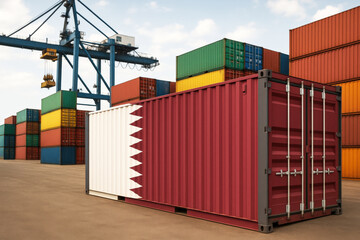 Qatar-flagged cargo container placed at a port logistics hub, useful for topics on Gulf trade, shipping infrastructure, and international logistics.
