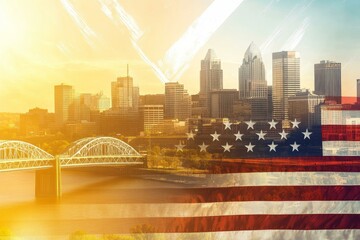  Cincinnati skyline collage with American flag overlay for Independence Day celebration in the USA, symbolic imagery