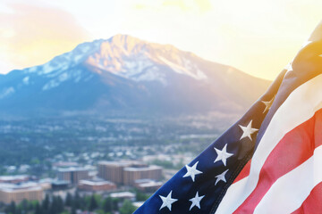  American flag waving over Colorado Springs cityscape with mountain backdrop, patriotic symbol, USA collage