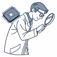 Scientist examining microchip with magnifying glass