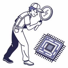 Technician inspecting microchip with magnifying glass