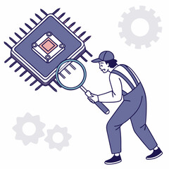 Technician inspecting microchip with magnifying glass