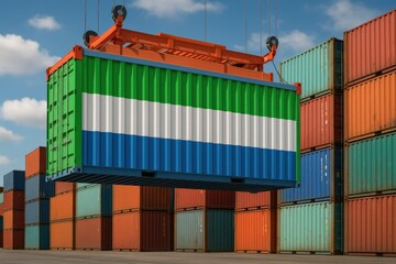 Freight container with Sierra Leone national flag colors, representing African trade, shipping logistics, and economic cooperation.
