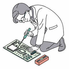 Professional technician repairing circuit board isolated on white