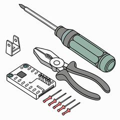 Professional repair kit tools isolated on white background