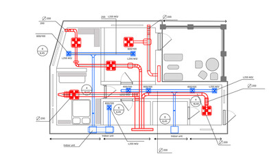 Compact HVAC system plan showing air duct layout, indoor units, and ventilation flow for residential building. – HVAC Design. Architecture. Residential Construction. © Grispb