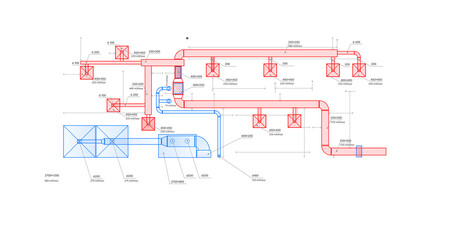 HVAC ventilation system diagram with air ducts, airflow rates, and equipment layout for a large room installation. – HVAC Design. Engineering. Architecture.