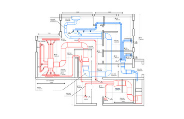 Complex HVAC system layout showing duct routing, airflow direction, and equipment positioning for multi-room ventilation. – HVAC Design. Engineering. Architecture.