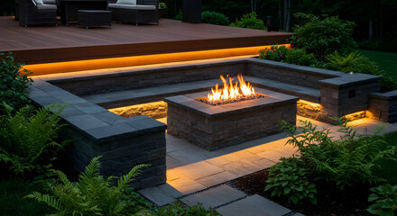 Elegant Backyard Oasis With Fire Pit Seating And Landscape Lighting