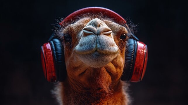  Camel wearing headphones enjoying music - anthropomorphic animal soundscape concept