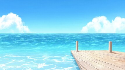 Fototapeta premium Wooden dock extends over tranquil blue ocean, sunny sky.
