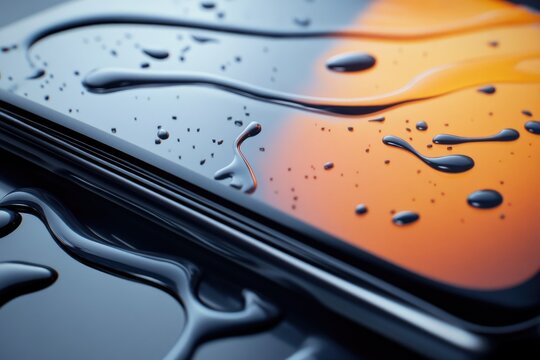 Close-up of water droplets on a sleek smartphone screen, showcasing its waterproof design.