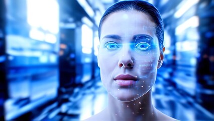 Futuristic facial recognition system is scanning a woman in a server room, analyzing her biometric data with laser beams and holographic interface