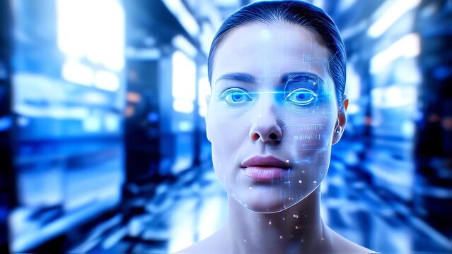 Futuristic facial recognition system is scanning a woman in a server room, analyzing her biometric data with laser beams and holographic interface