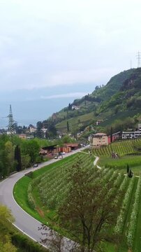 Vertical drone pulls away from SS 508 beside Castel Roncolo, unveiling terraced vineyards and cliffs above the Talvera stream in Bolzano, Trentino-Alto Adige, real time