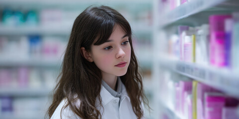 A young woman in a white coat is looking at products on shelves in a store. Shopping, contemplation, focus, retail