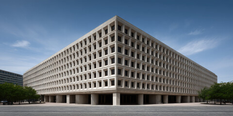 A large, symmetrical concrete building with a grid-like facade sits prominently against a clear sky. Urban architecture, geometric design, modern office