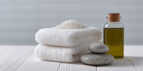 White towels stacked with sea salt and massage stones beside a bottle of oil on a wooden surface. Spa and relaxation essentials